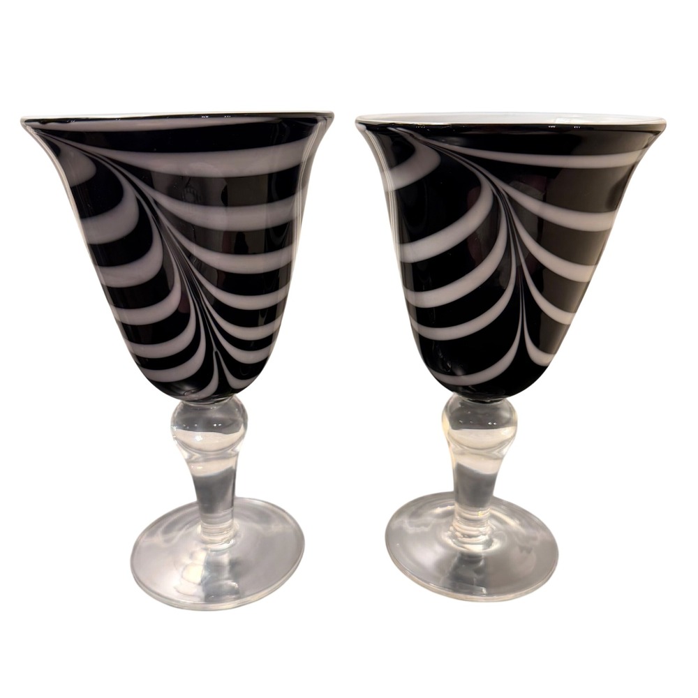 Murano Carlo Moretti Blown Glass Goblet Set‎ Swirled White Aubergine 8in 2pc